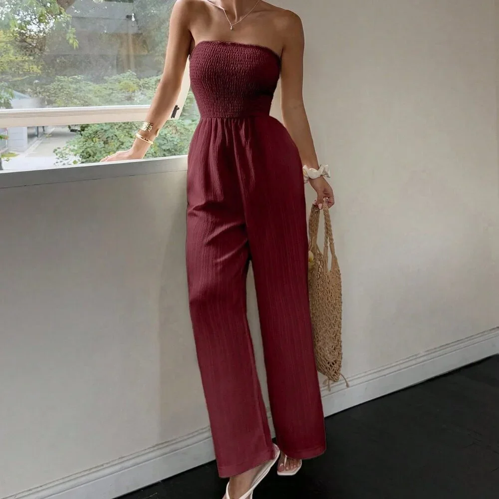 Burgundy Casual Women's Sexy Pleated Off-Shoulder Sleeveless Jumpsuit - Picture 1 of 7
